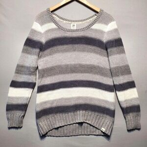 Roxy Sweater Womens XL Gray White Striped Chunky Knit Pullover Cozy Beach Boho